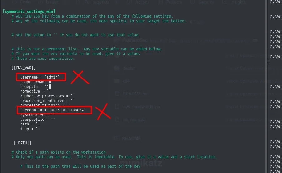 sección symmetric_settings_win del genetic.config con valores de ejemplo como username admin