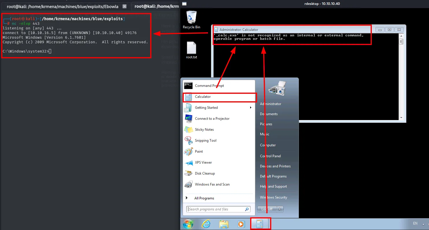 al abrir la calculadora llega la reverse shell, pero la ventana muestra que _calc.exe no se ha reconocido