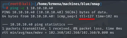 ping a 10.10.10.40 devolviendo un TTL de 127