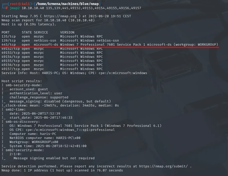 el escaneo de versiones identifica Windows 7 Professional 7601 Service Pack 1