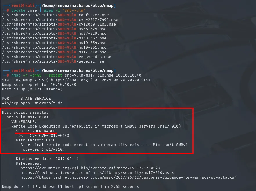 el script smb-vuln-ms17-010 marca la máquina como VULNERABLE