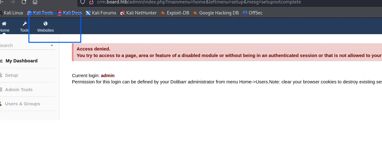 Dolibarr responde Access denied en el panel de administración, con Current login: admin y la pestaña Websites resaltada