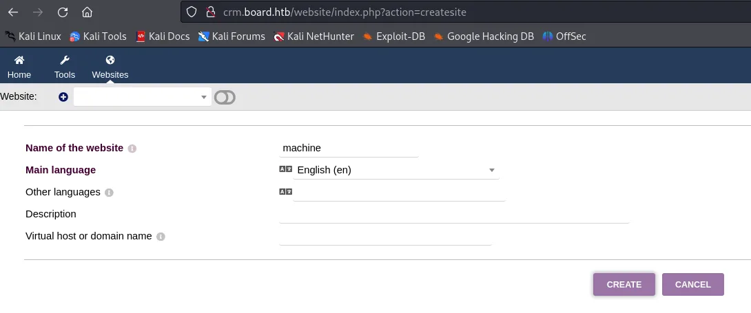 el formulario Create website de Dolibarr con el nombre machine y el idioma English