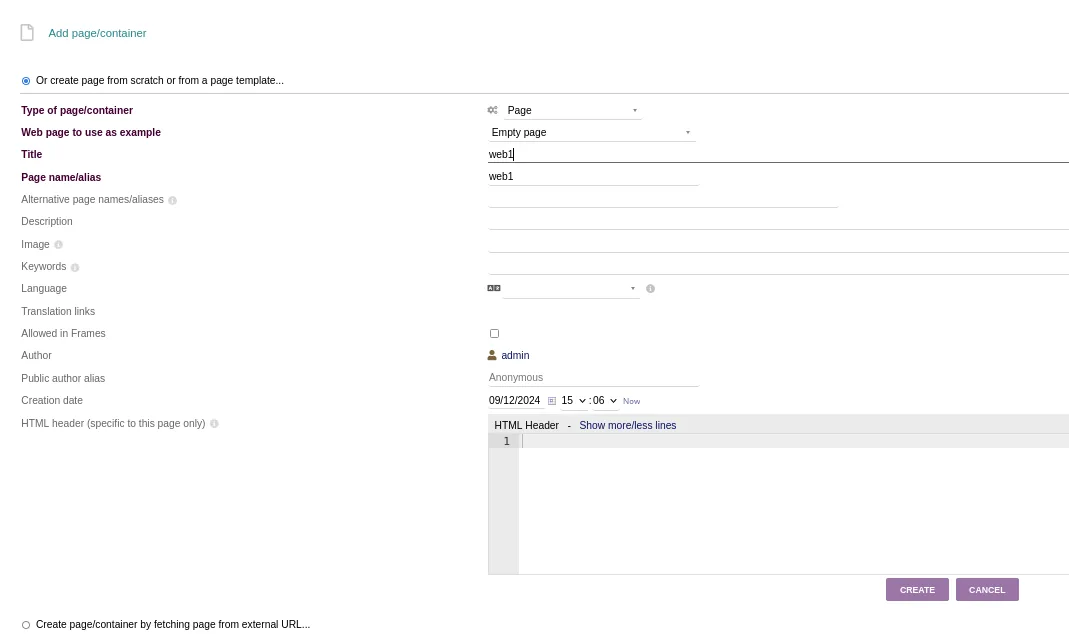 el formulario Add page/container con el tipo Page, la plantilla Empty page y el título web1