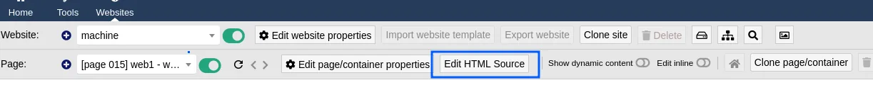 la barra de la página web1 con el botón Edit HTML Source resaltado
