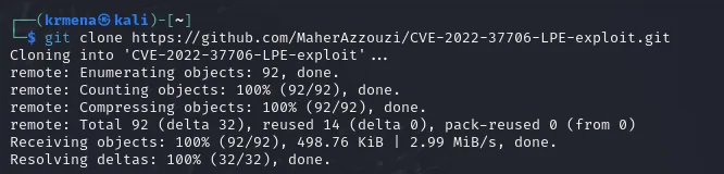 git clone del repositorio CVE-2022-37706-LPE-exploit, 92 objetos y 498.76 KiB
