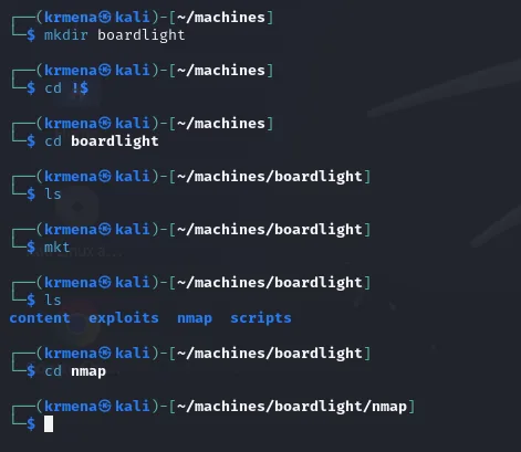 mkt crea los directorios content, exploits, nmap y scripts dentro de ~/machines/boardlight