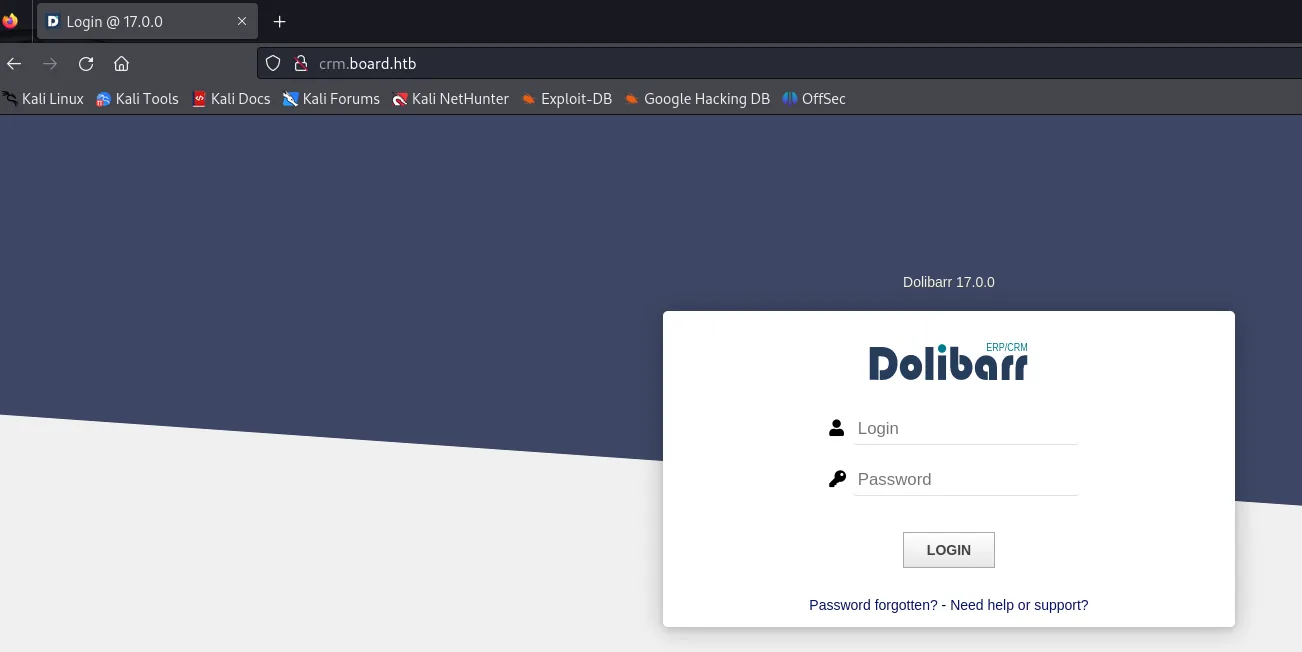 crm.board.htb presenta el panel de login de Dolibarr
