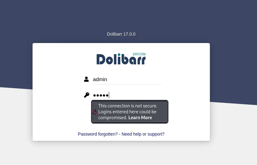 Acceso a Dolibarr con admin:admin; la versión es 17.0.0