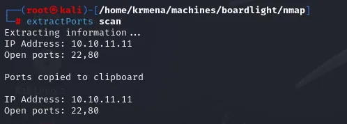 extractPorts leyendo el fichero scan de BoardLight y devolviendo IP Address 10.10.11.11 y Open ports 22,80, copiados al portapapeles