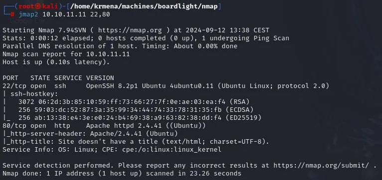 nmap -sCV: OpenSSH 8.2p1 Ubuntu y Apache 2.4.41, sin título en la web
