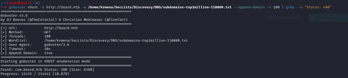 gobuster vhost con --append-domain descubre crm.board.htb