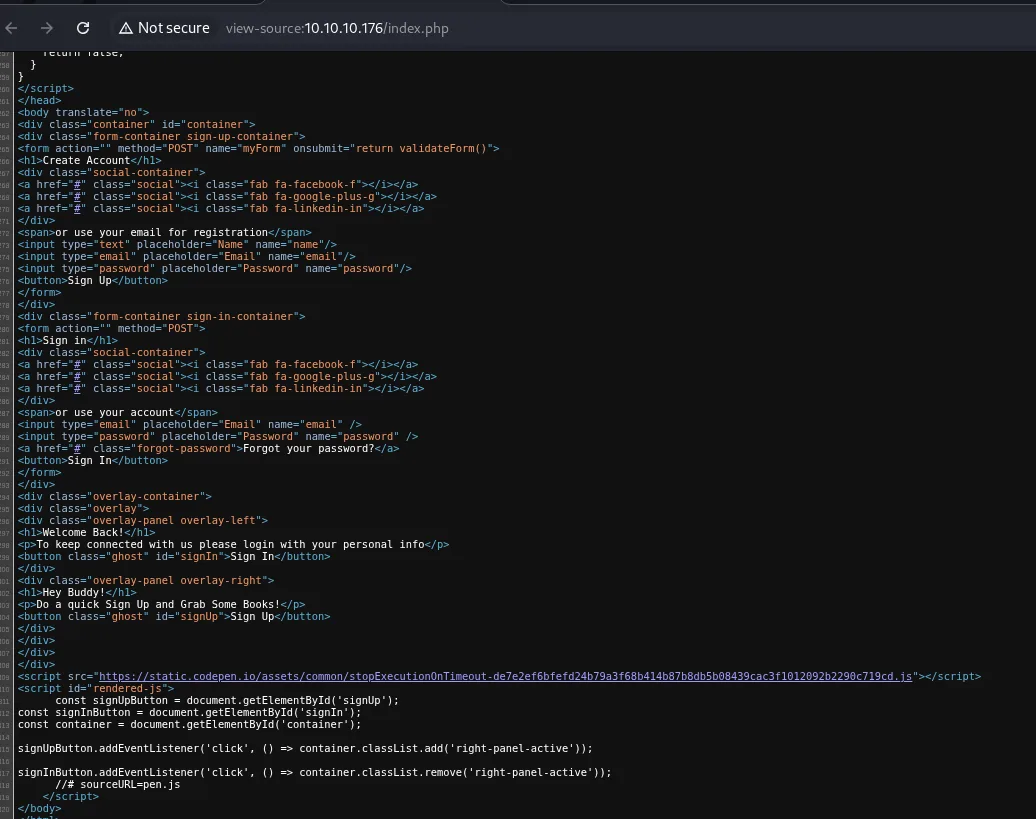 el view-source de index.php muestra los formularios Create Account y Sign in con los campos name, email y password, y el script de CodePen que alterna entre paneles