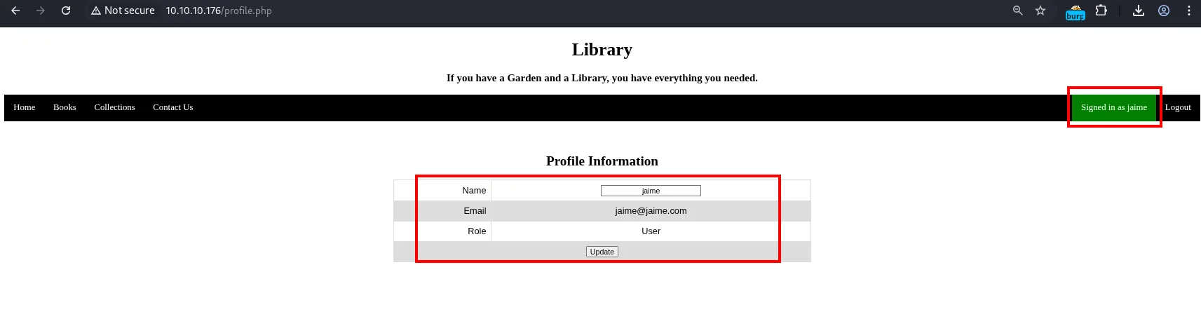 la página profile.php con Name (editable), Email y Role User, y el botón Update