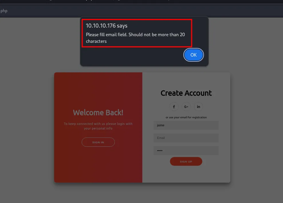 un diálogo del navegador avisa: Please fill email field. Should not be more than 20 characters