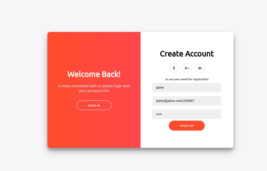 el formulario Create Account con el correo jaime@jaime.com1234567