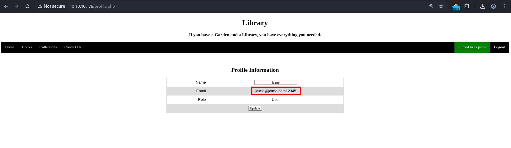 el perfil confirma que la cuenta se guardó como jaime@jaime.com12345, con los dos últimos caracteres eliminados