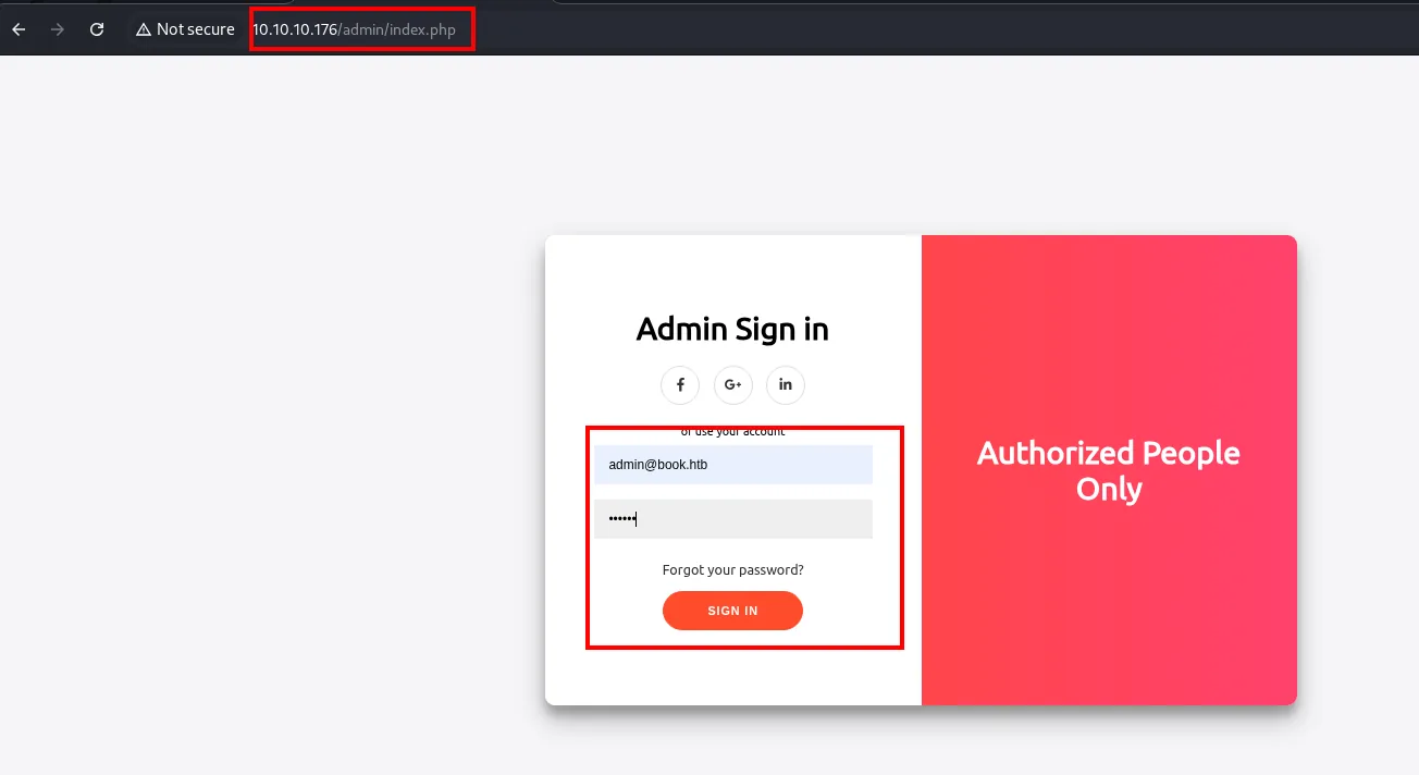 el panel Admin Sign in en /admin/index.php, con admin@book.htb y la contraseña nueva, bajo el lema Authorized People Only
