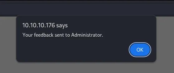 tras enviar, un diálogo del navegador anuncia Your feedback sent to Administrator