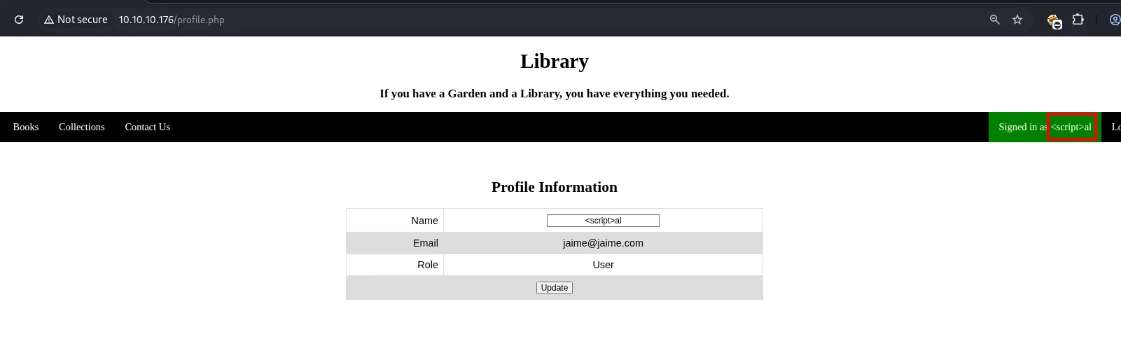 tras actualizar, la barra superior muestra "Signed in as <script>al", con el payload truncado
