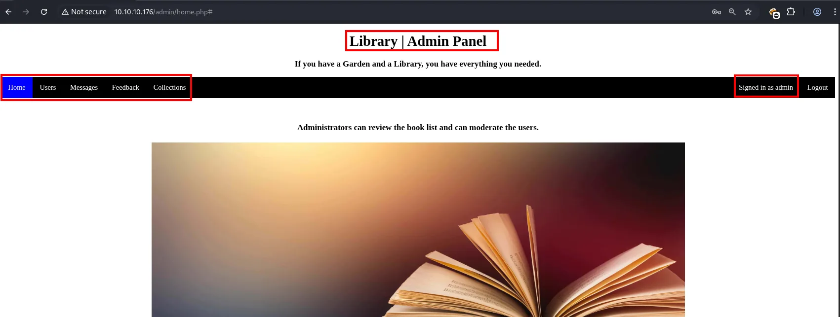 el Library Admin Panel ya dentro, con las pestañas Home, Users, Messages, Feedback y Collections y el aviso Signed in as admin