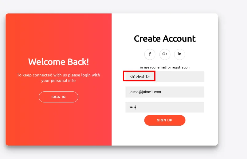 el formulario Create Account con el nombre <h1>h</h1> y el correo jaime@jaime1.com