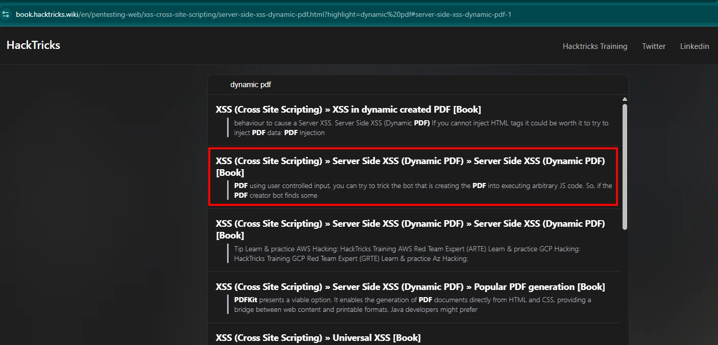 la búsqueda de "dynamic pdf" en HackTricks devuelve la entrada Server Side XSS (Dynamic PDF), que explica cómo engañar al bot que genera el PDF para que ejecute JavaScript