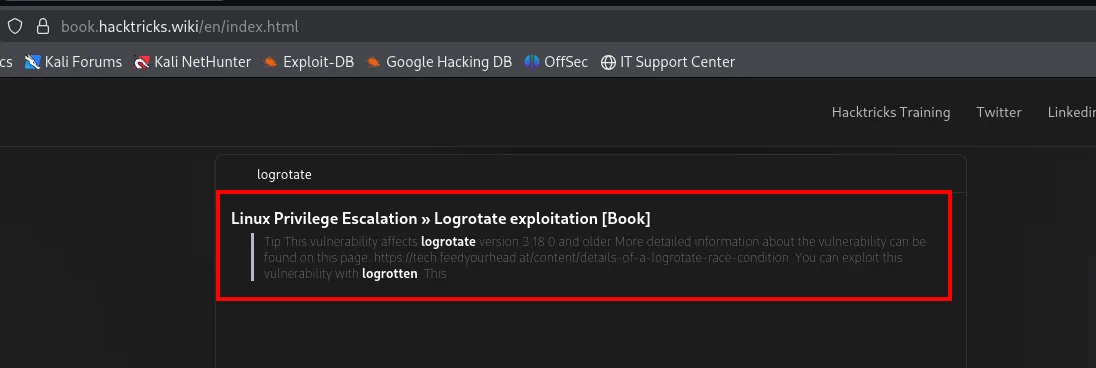 la búsqueda de "logrotate" en HackTricks devuelve la entrada Linux Privilege Escalation, Logrotate exploitation