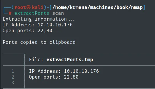 extractPorts devuelve IP Address 10.10.10.176 y Open ports 22,80, copiados al portapapeles