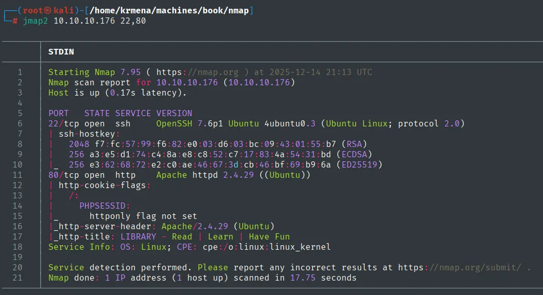 el escaneo de versiones identifica OpenSSH 7.6p1 y Apache 2.4.29 sobre Ubuntu, con la cookie PHPSESSID sin el flag httponly y el título LIBRARY